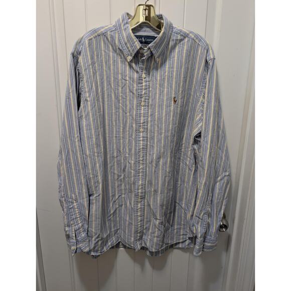 Ralph Lauren Men’s Classic Fit Large Blue Yellow Striped Button Down Shirt Work - Picture 1 of 8